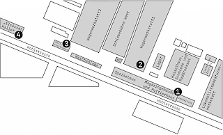 Abb. 2: Plan des Geländes, vier Gebäude nummeriert von der Autorin. Quelle: https://app.audio-cult.com/sbb_werkstadt_zurich_2?trackId=09fc0690-9c93-4fb7-86d0-0157ebc85353