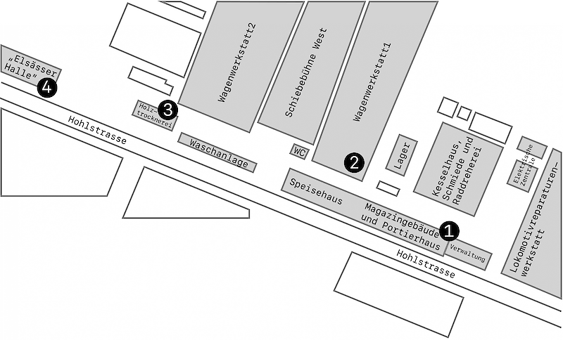 Abb. 2: Plan des Geländes, vier Gebäude nummeriert von der Autorin. Quelle: https://app.audio-cult.com/sbb_werkstadt_zurich_2?trackId=09fc0690-9c93-4fb7-86d0-0157ebc85353