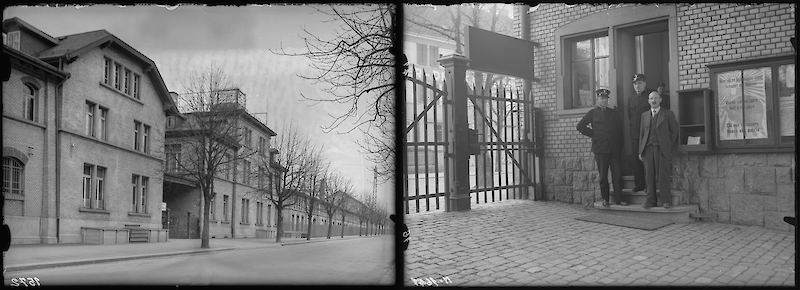 Abb. 3: Verwaltungs- und Portiergebäude der Werkstätte Zurich, Seite Hohlstrasse (1941) & Portiers und Bürodiener der Werkstätte Zurich vor dem Portiergebäude (1941) Quelle: https://www.sbbarchiv.ch/archivplansuche.aspx?ID=508939