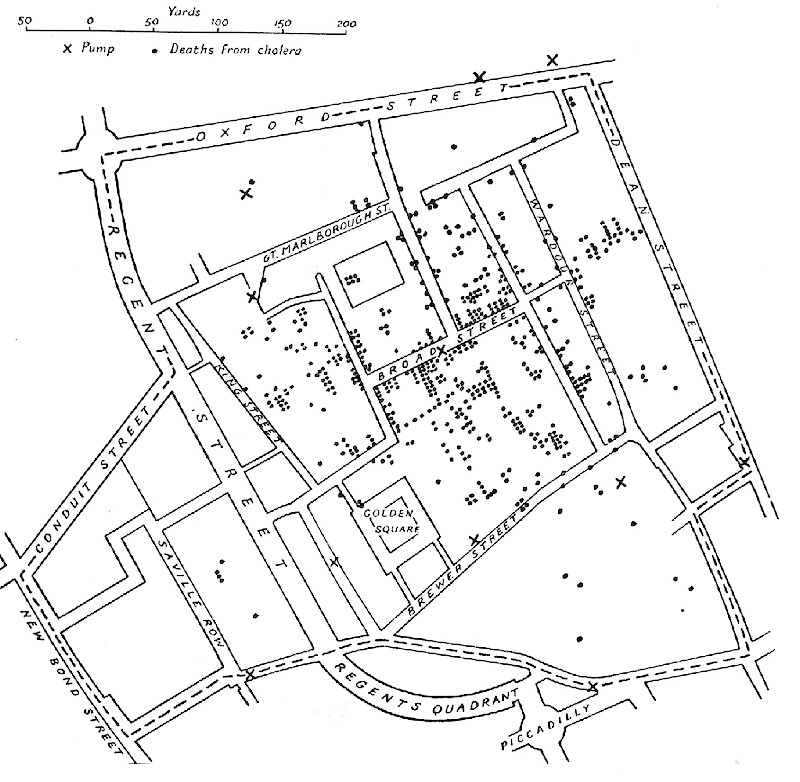 Karte von John Snow mit den Anhäufungen der Todesfälle bei der Cholera-Epidemie 1854