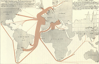Weinexport aus Frankreich in die Welt in 1864, von Charles Joseph Minard